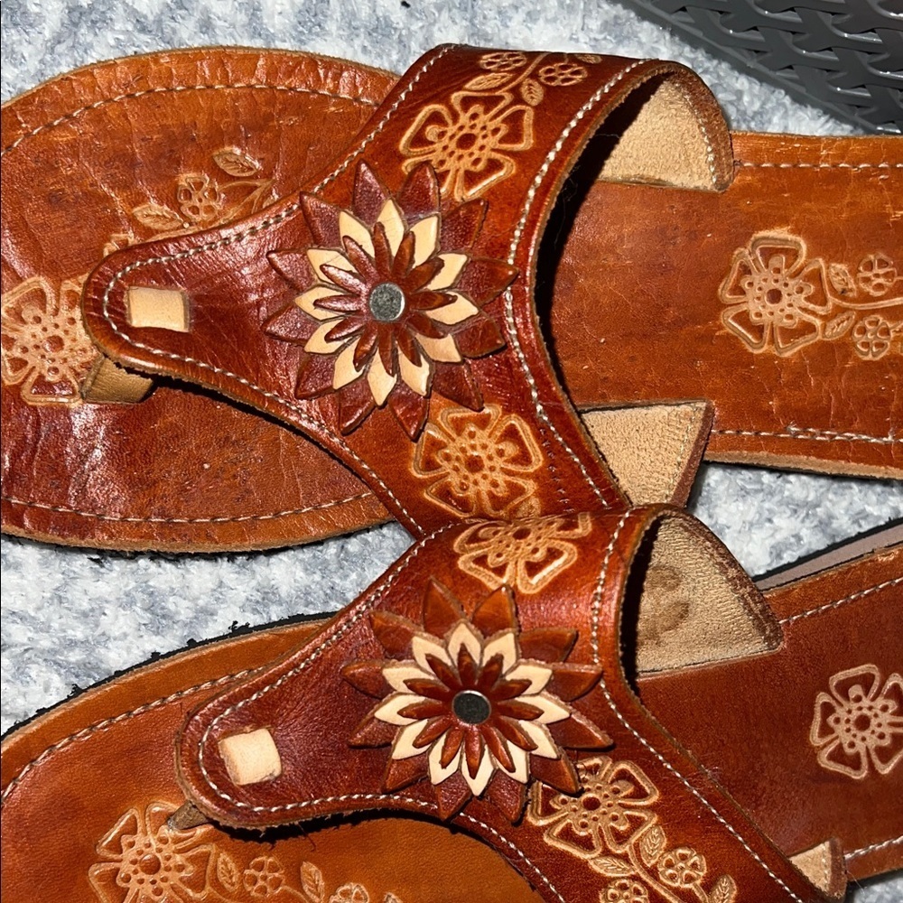 MEXICANA Brown Floral Original Leather Sandals Size 8 - Picture 2 of 7